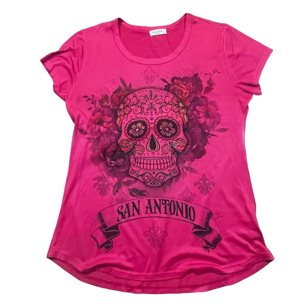 Sweet Gisele Graphic Tee Women’s L Pink Sugar Skull San Antonio Goth Boho